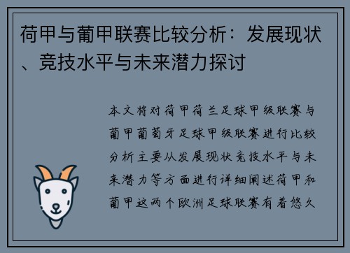 荷甲与葡甲联赛比较分析：发展现状、竞技水平与未来潜力探讨