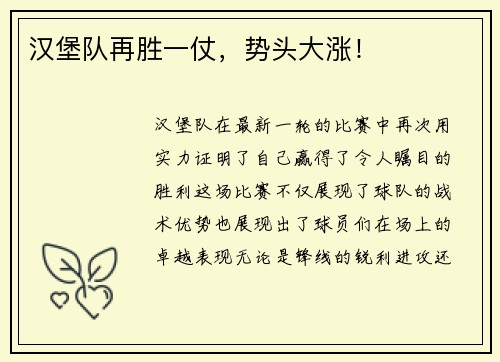 汉堡队再胜一仗，势头大涨！