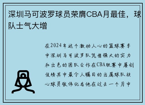 深圳马可波罗球员荣膺CBA月最佳，球队士气大增